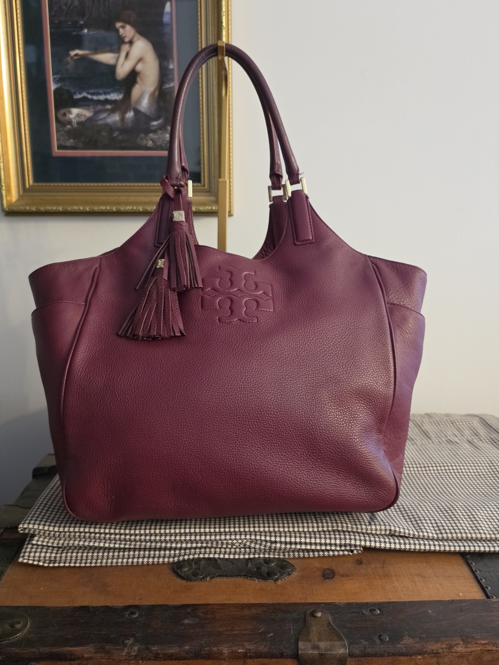 Tory Burch Burgundy Pebbled Leather Thea Slouchy Hobo Bag with Tassel